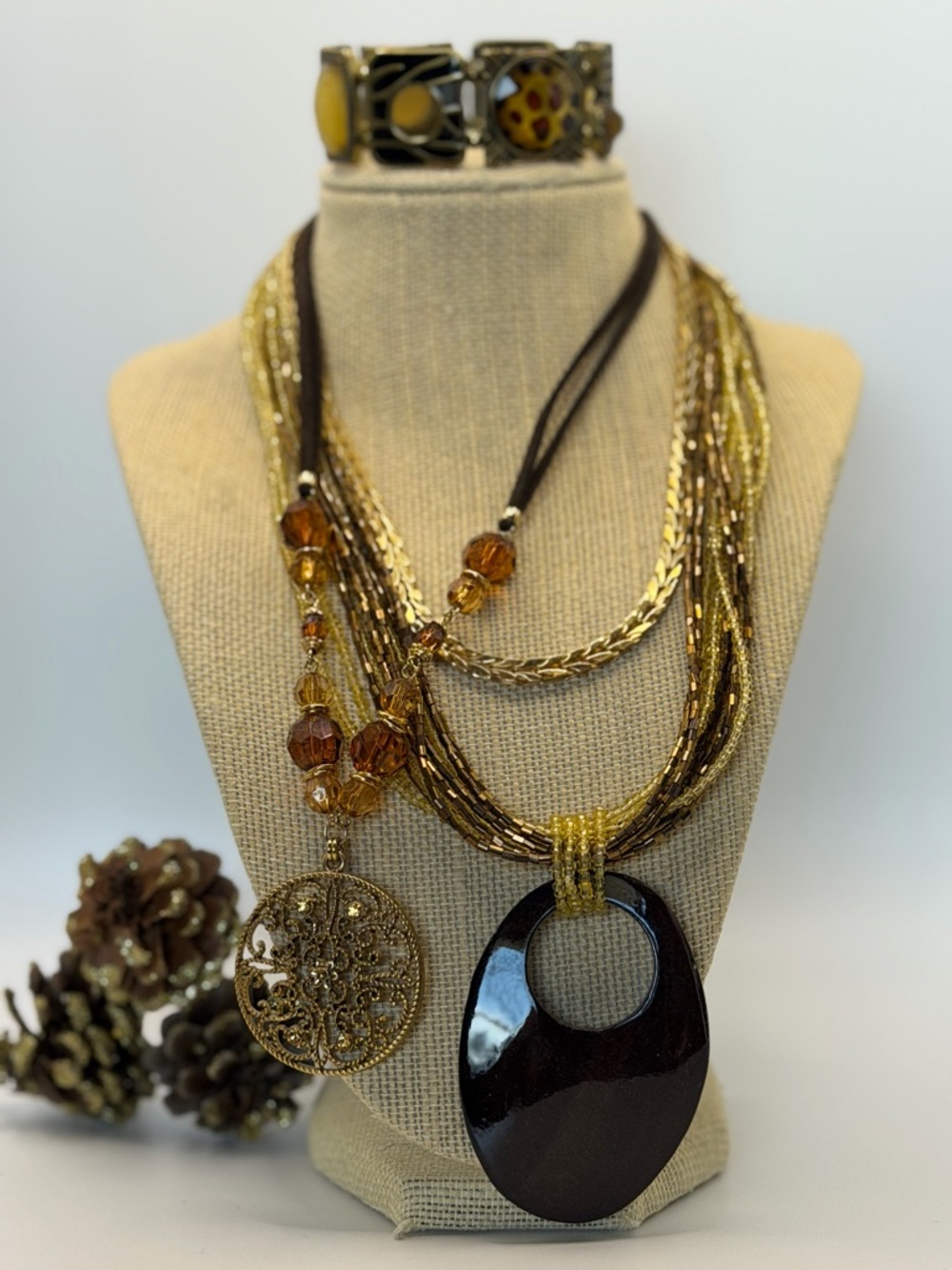 Bundle of 4- Multi-Strand Brown and Gold Pendant Necklace with Filigree Charm - - Picture 3 of 10